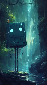 Giant boxy robot stands in misty canyon with waterfall