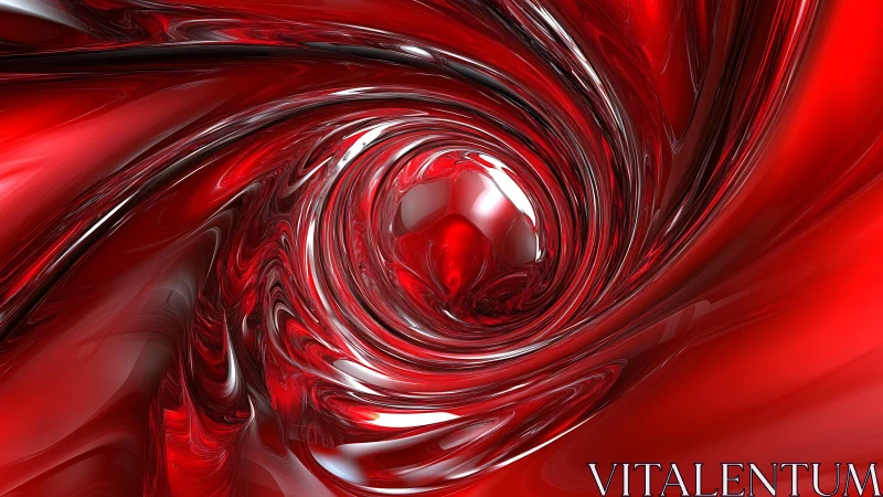 Red metallic vortex curls around central reflective sphere