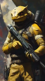 Reptilian mercenary guards urban corridor with heavy rifle