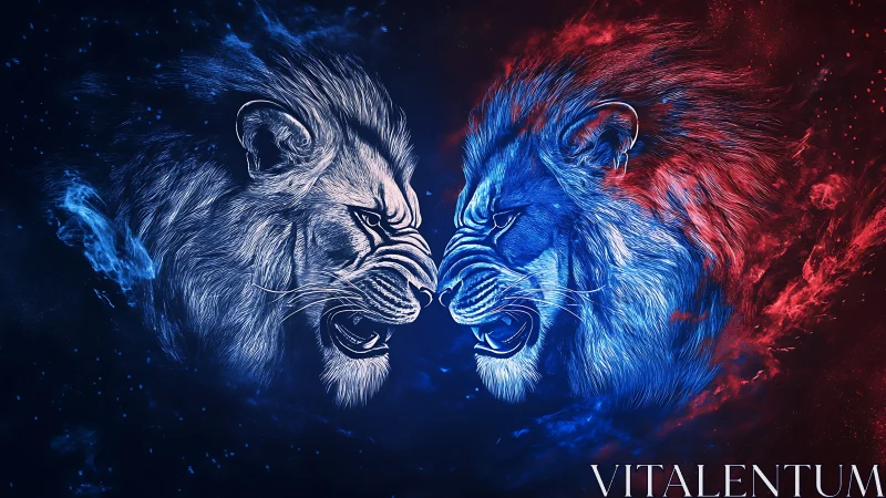 Two lions face opposing positions with neon blue and red lighting effects