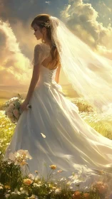 Bride in white gown standing in sunlit meadow at sunset.