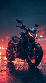 Sport motorcycle on wet asphalt with red neon backlighting.