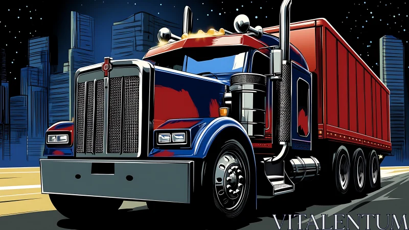 Midnight city highway welcomes a bold red and blue truck.