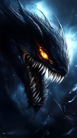 Ferocious glowing-eyed dragon head in dark stormy void.