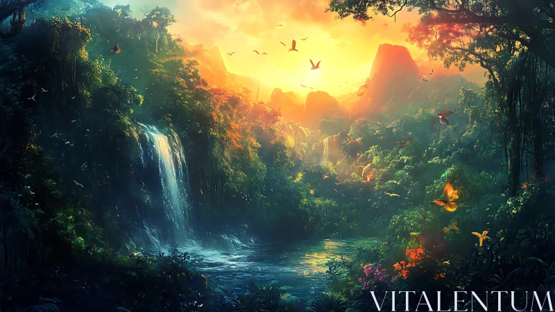 Luminous rainforest valley with waterfalls and radiant sunrise.