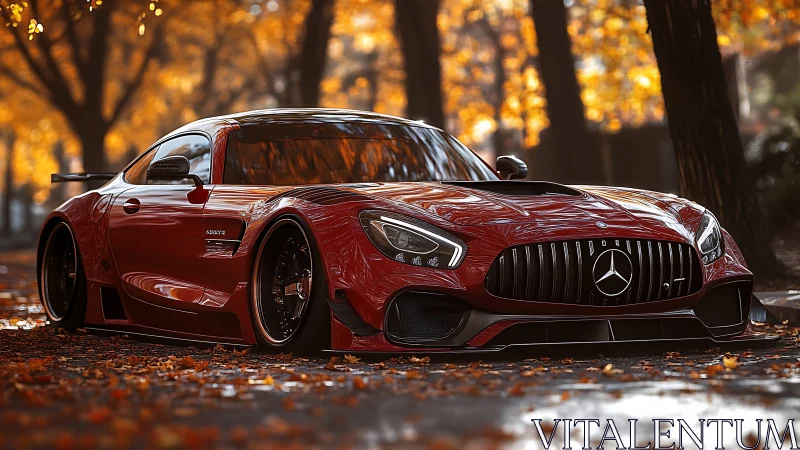 Red sports car glows against a golden autumn forest backdrop