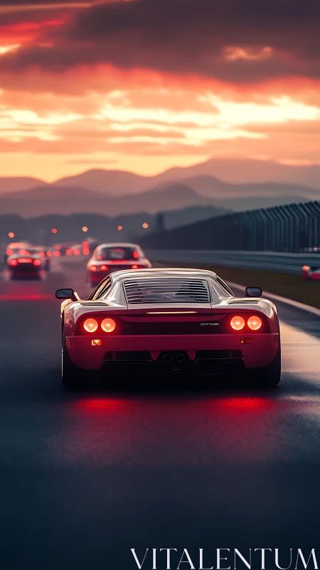 Red supercar accelerates on wet racetrack at sunset glow.