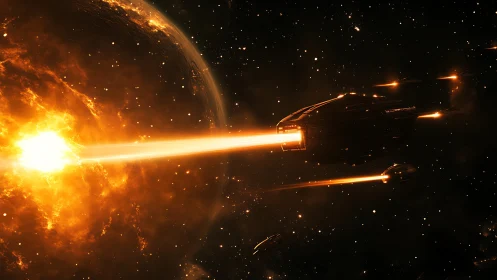 Spaceships firing energy beams toward erupting planet surface.