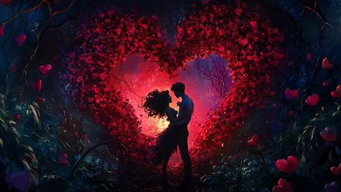 Two silhouetted figures embrace in explosive luminescent environment