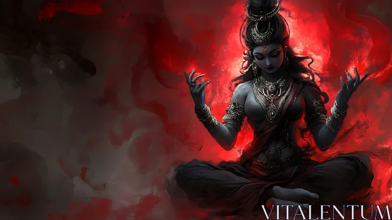 Divine dark goddess in red inferno with ornate jewelry.