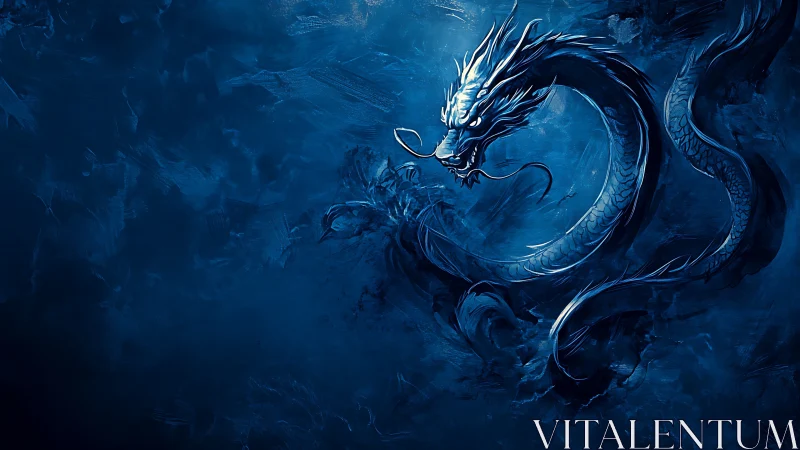 Azure dragon coils through stormy abstract blue void.