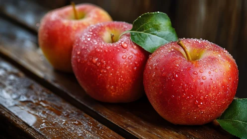 Red apples with water droplets on wet wooden surface.