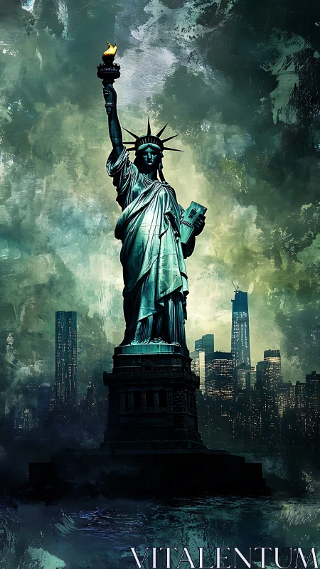 Statue of Liberty nocturne rendered in moody digital painting