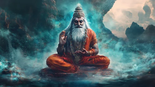 Mystic mountain sage floats in swirling turquoise cosmic mist.