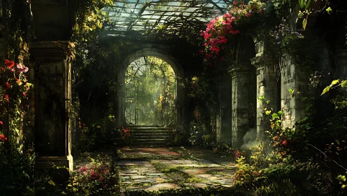 Overgrown stone corridor with sunlit garden archway.