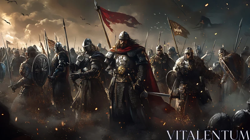 Storm-forged Warband Marching Through Ember-laced Fog.