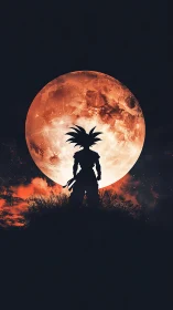 Lone spiky warrior crowned by a blazing blood moon glow.