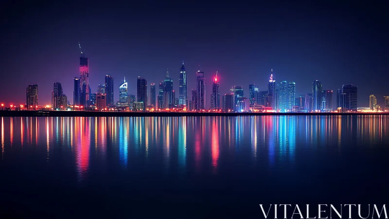 Modern illuminated city skyline with neon waterfront reflections.