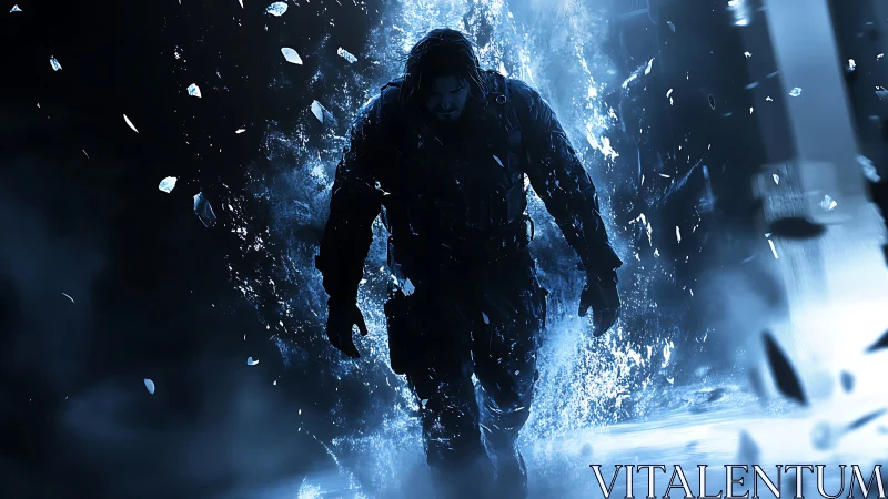 Armored lone warrior strides through shattering blue energy.