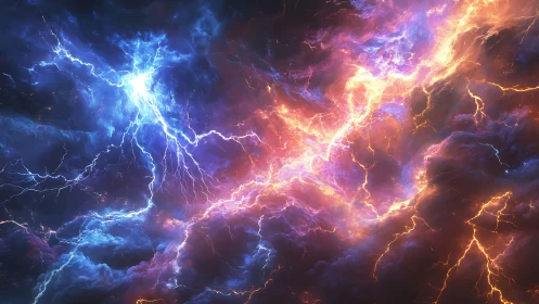 Dancing cosmic lightning in swirling blue and gold clouds.