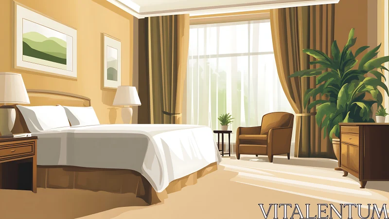 Sunlit hotel bedroom shows warm minimalist interior design