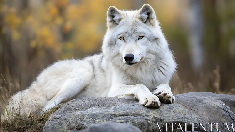 White wolf resting on rock under soft autumn woodland light.