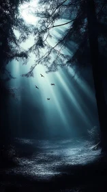 Moonlit forest path glows under dramatic misty rays.