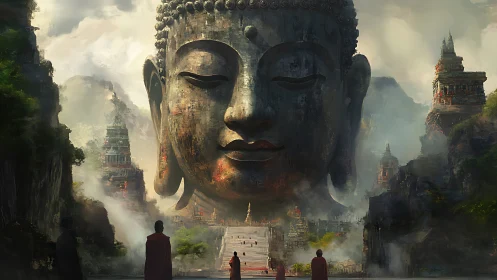Colossal Buddha head dominates misty temple canyon vista.