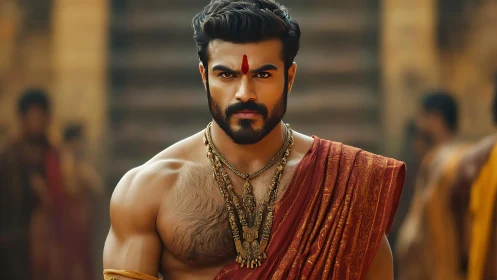 Warrior prince portrait in ornate traditional attire.