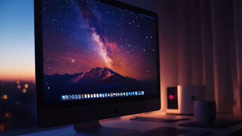 Desktop computer with night sky wallpaper at dusk.