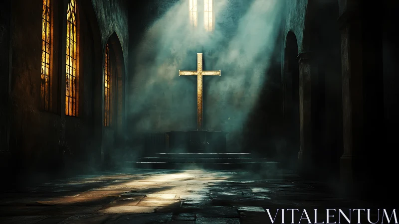 Volumetric light isolating gilded cross in shadowed nave.