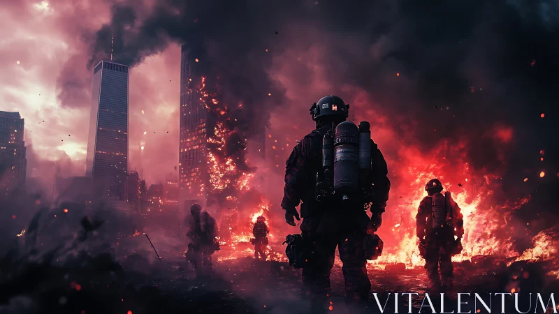 Firefighters confront a burning cityscape under crimson smoke