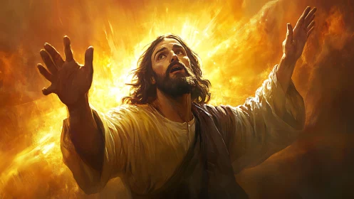 Figure in robe stands before intense radial light field