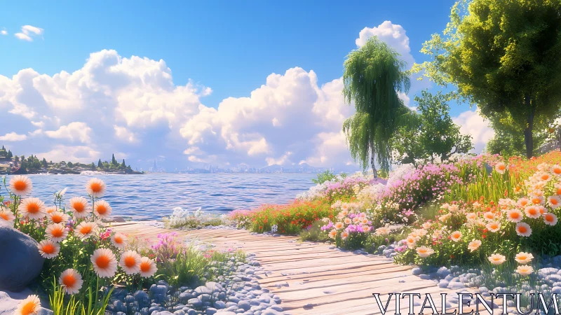 Coastal wooden path bordered by mixed flowers and trees.