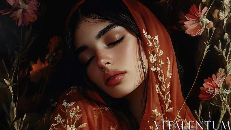 Soft diffused portrait with red veil and botanically framed face