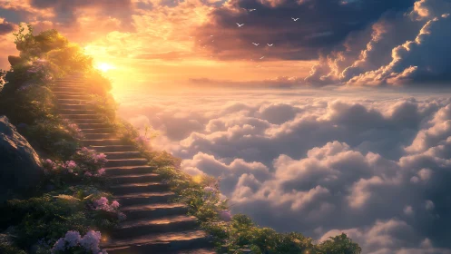 Luminous stairway above clouds in ethereal digital painting.