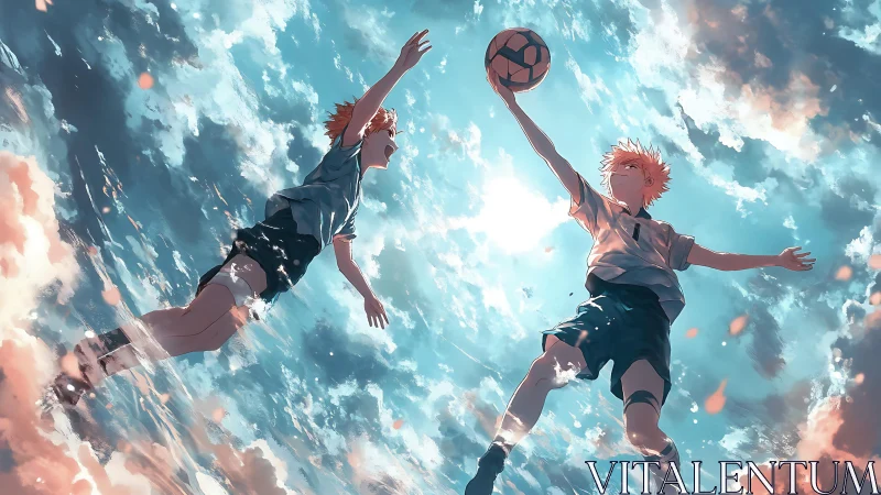 Two airborne players reach for a soccer ball against bright sky