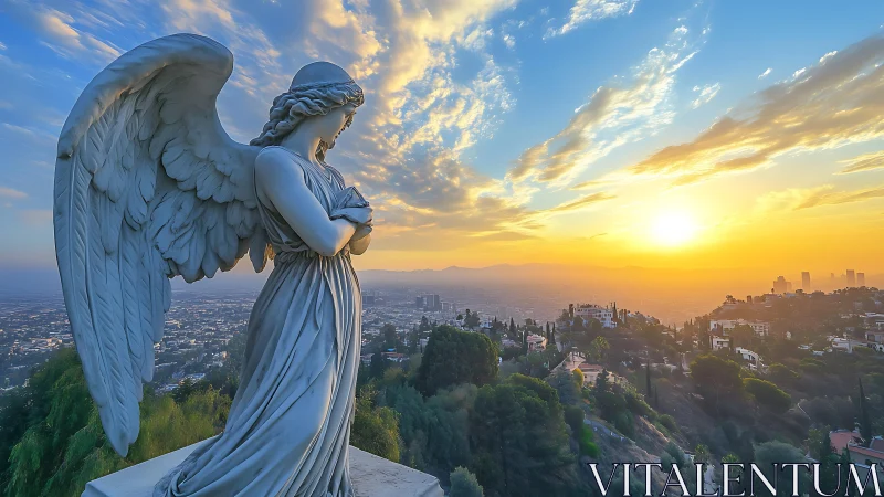 Marble angel statue above hillside city at sunset.
