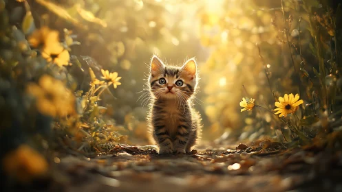 Kitten positioned among yellow flowers in sunlit garden setting