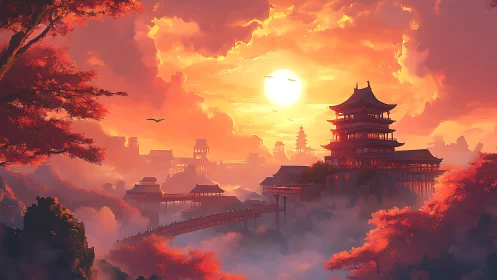 Layered pagoda skyline under volumetric sunset light gradient