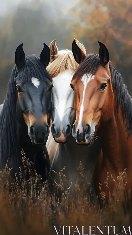 Three horses stand closely together in a misty field