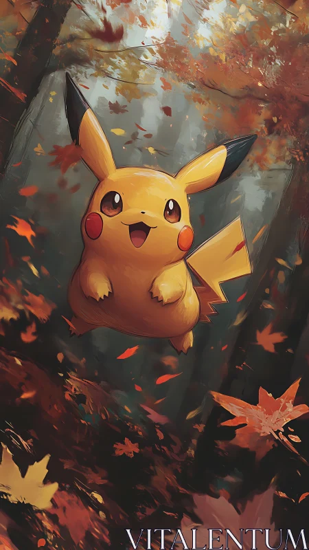 Pikachu floats through dense autumn forest with swirling leaves