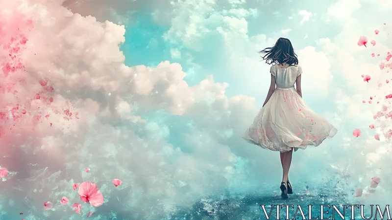 Dreamy young woman walks through soft clouds and petals
