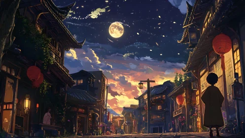 Moonlit lantern street glows over tranquil village night