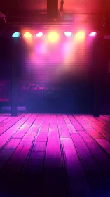 Empty stage with colored spotlights over wooden floor.