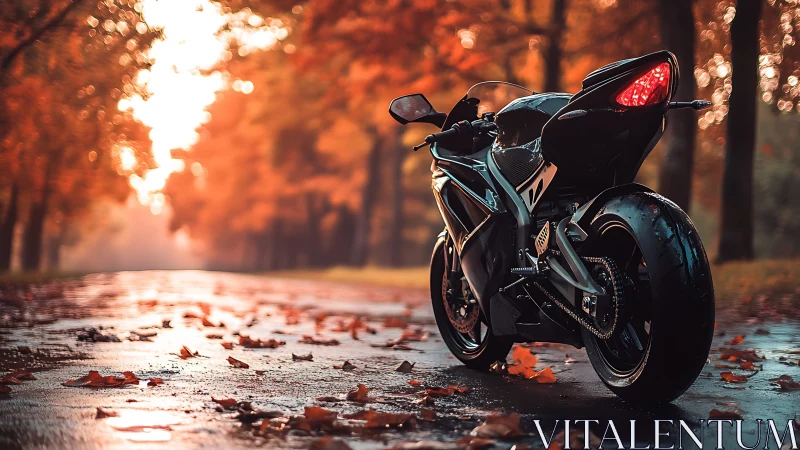 Superbike on wet forest road in backlit autumn foliage glow