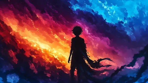 Silhouetted figure against divided red and blue sky gradient.