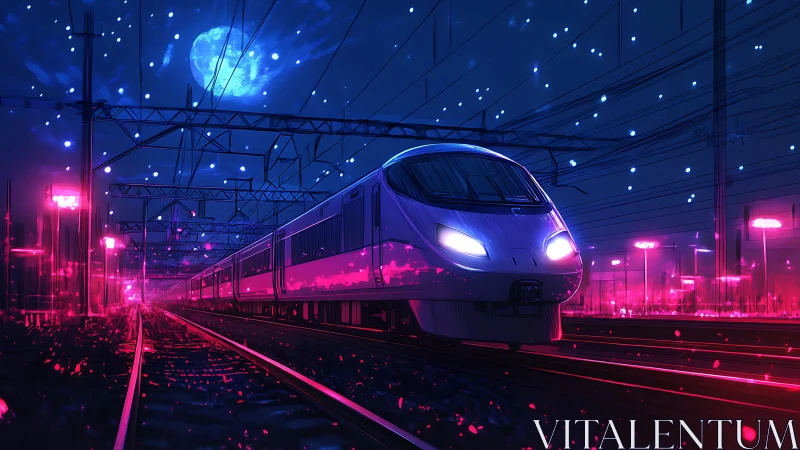 Neon-lit high-speed train under electric catenary at night