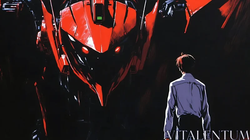 Boy confronts towering red mecha in stark shadowed hangar