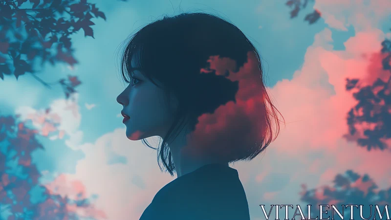 Dreamy skylit silhouette of a thoughtful young woman.